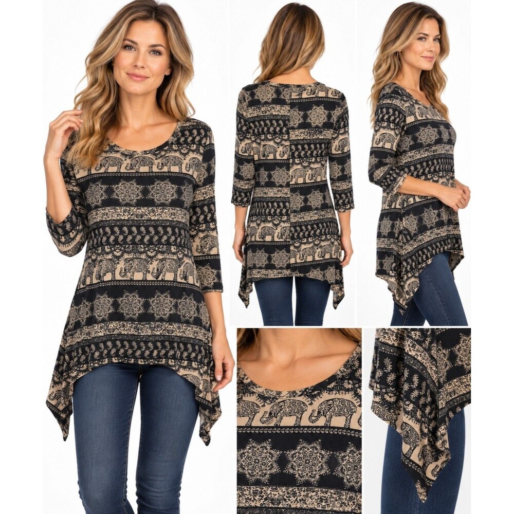 Women’s Small Boho Elephant Print Tunic Top Black Tan 3/4 Sleeve Sharkbite Hem